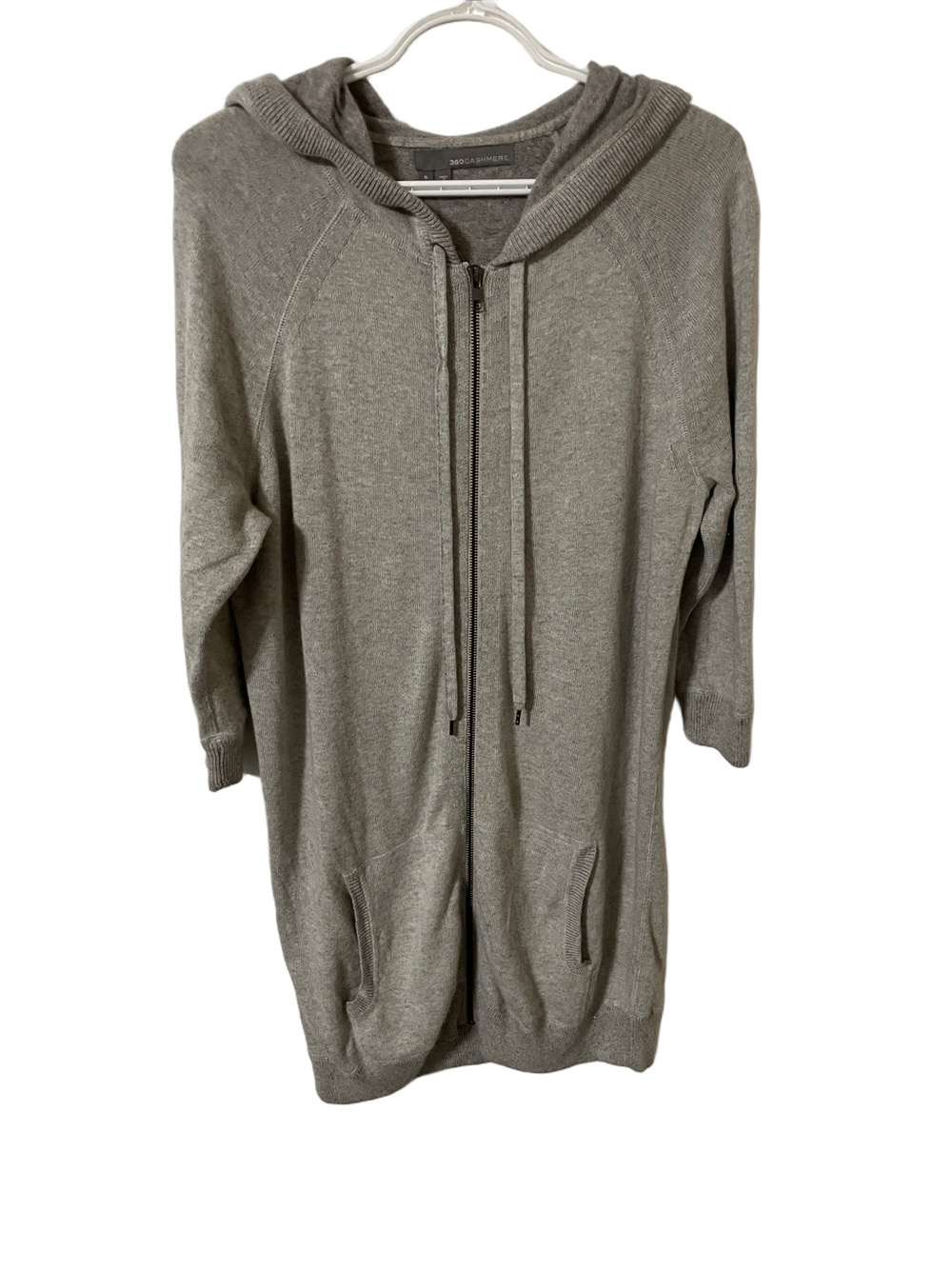 360 Cashmere Light Grey Hooded Full Zip Short Sleeve Cardigan Size Small